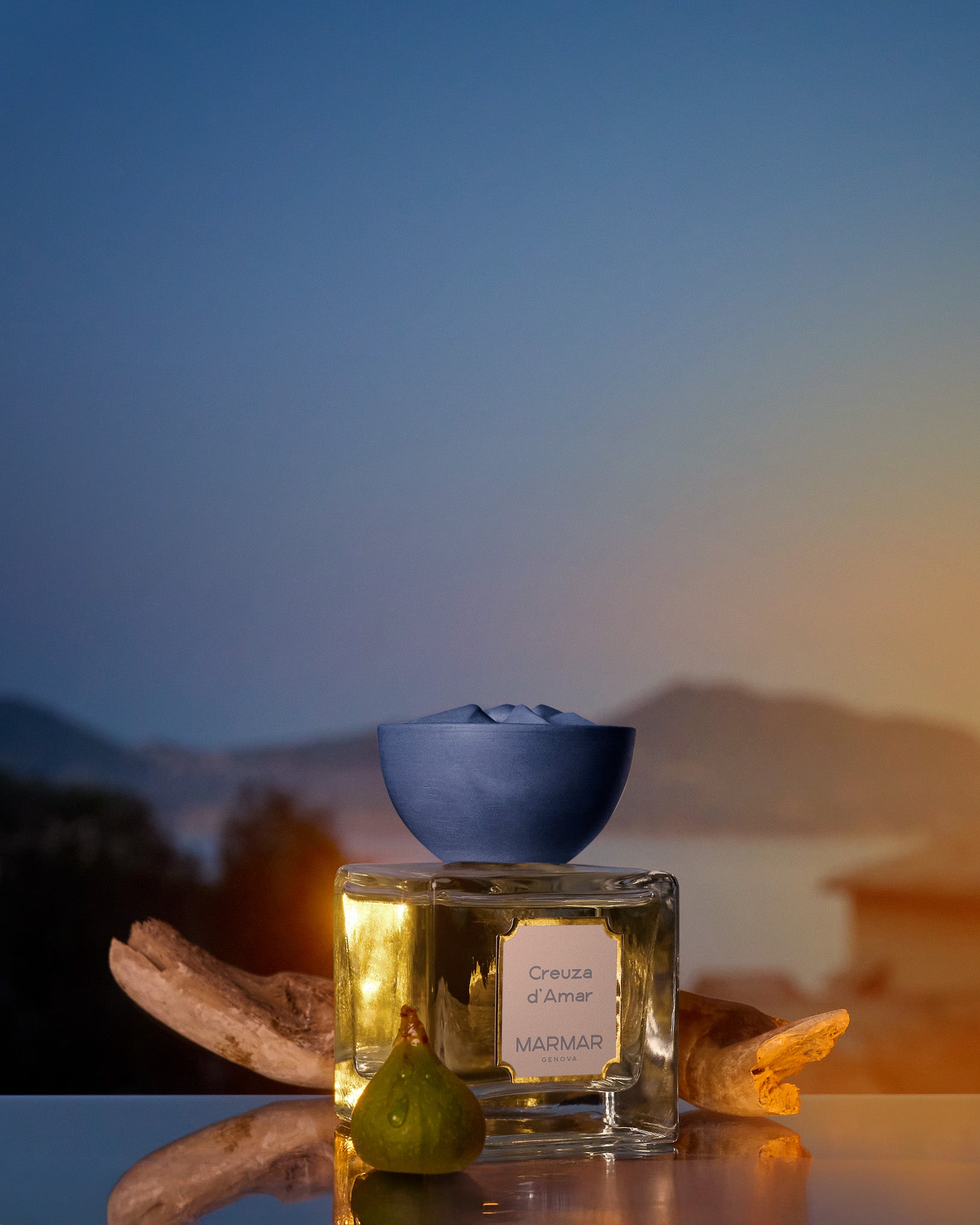 Creuza d'Amar Eau de Parfum by MarMar Genova olfactory hero shot with fig and olive wood notes of Liguria