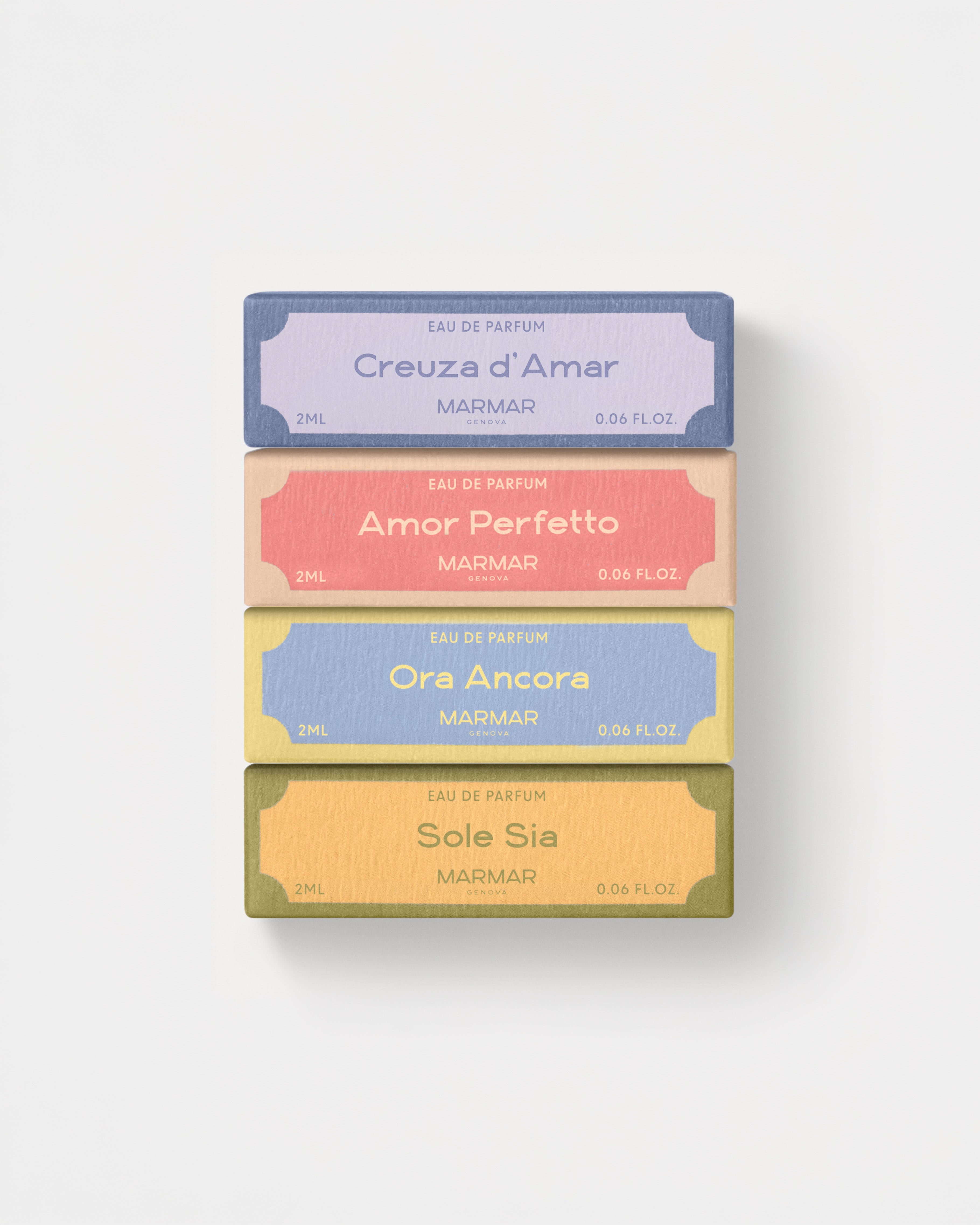 Colorful 2ML Eau de Parfum boxes of the MarMar Genova fragrance collection discovery kit