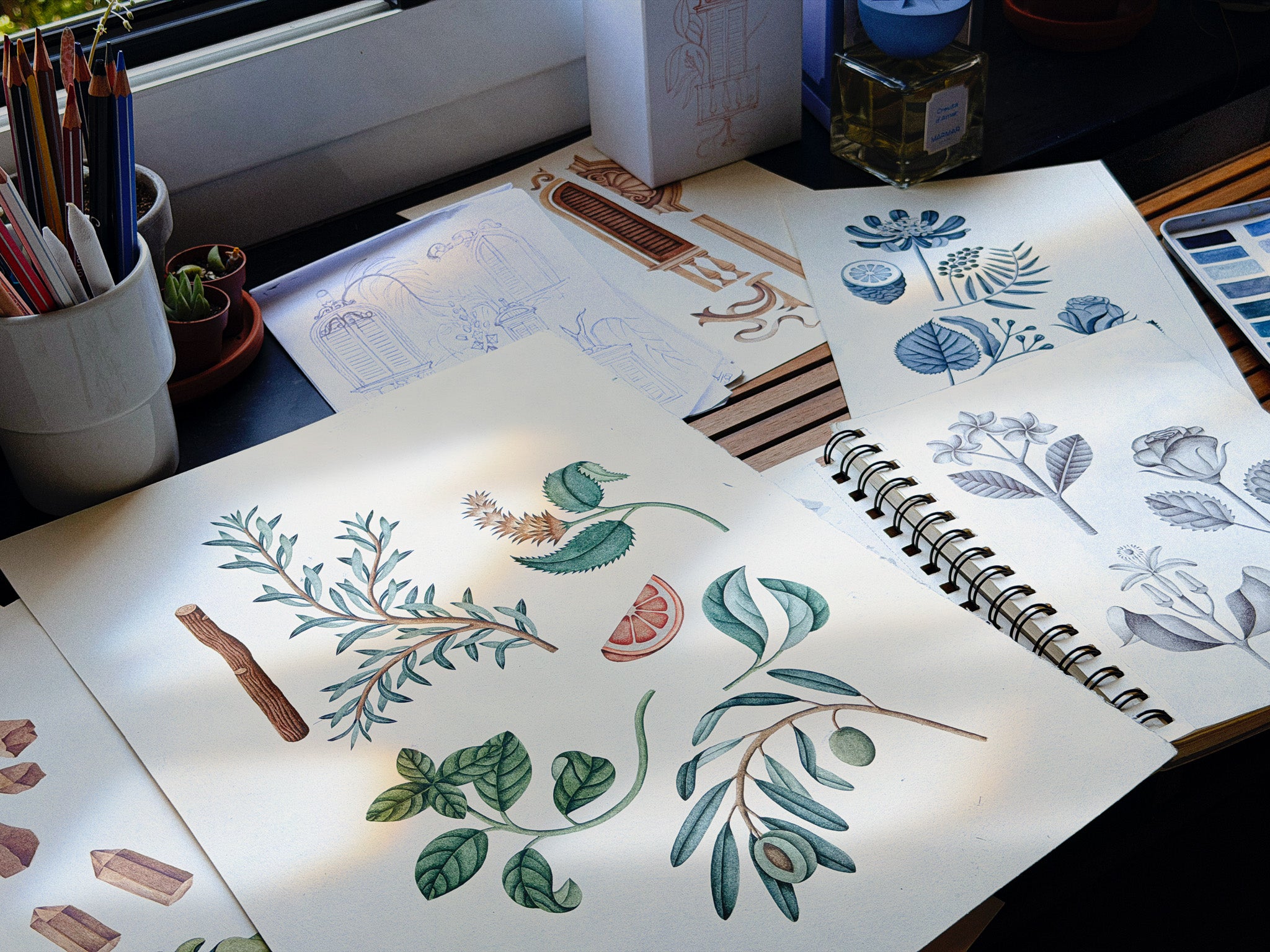 Desk full of Gaia Cairo's illustrations for MarMar Genova